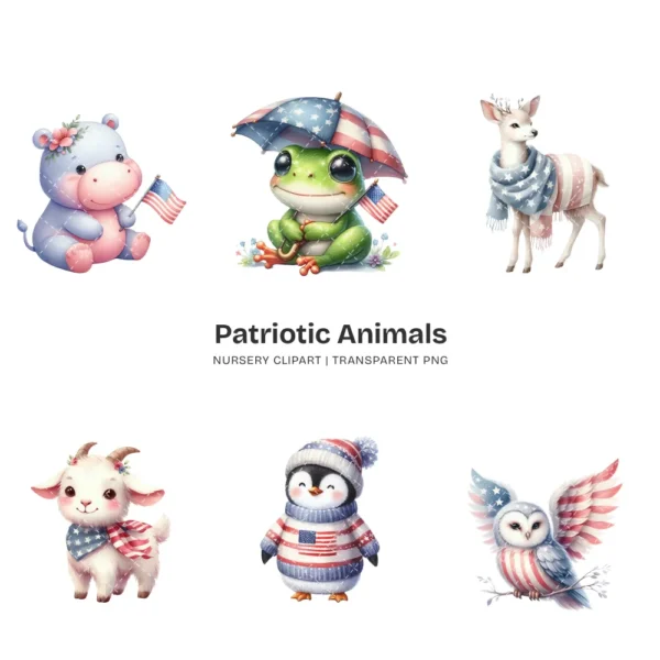 Patriotic Animals Nursery PNG Clipart - 60 PNG, 4th of July Graphics, Independence Day Printables, Commercial use, Digital download