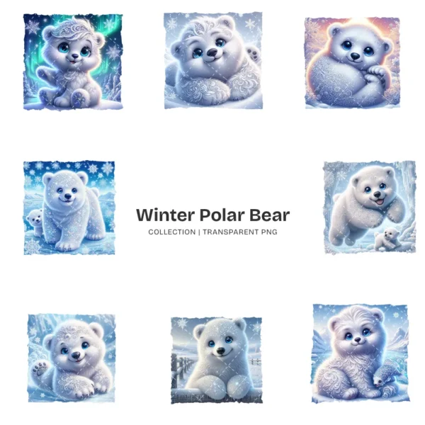 Whimsical Polar Bear PNG Clipart Collection - 76 PNG, Winter Graphics, Arctic Bear, Snowy Forest Printables, Commercial use,Digital download