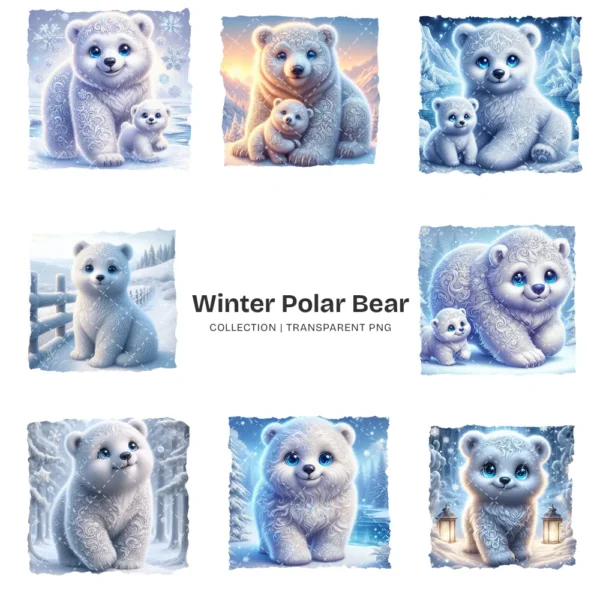 Whimsical Polar Bear PNG Clipart Collection - 76 PNG, Winter Graphics, Arctic Bear, Snowy Forest Printables, Commercial use,Digital download