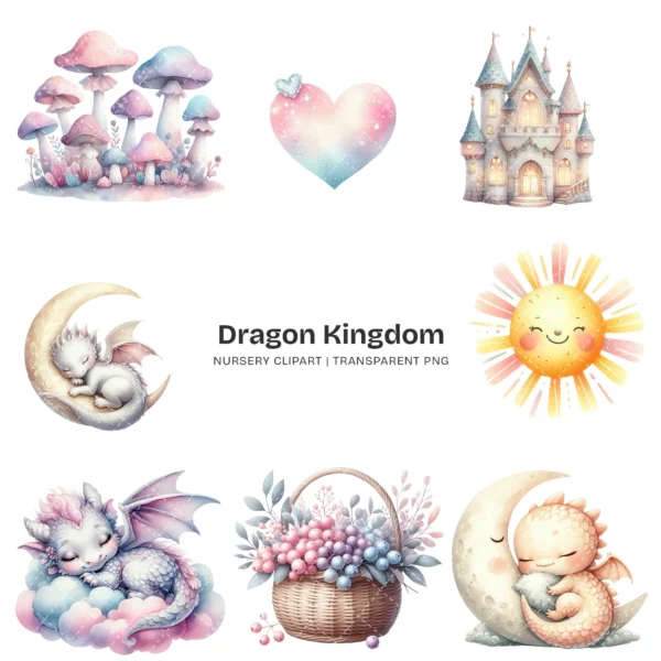 Dragon Kingdom Nursery PNG Clipart - 124 PNG, Knight Graphics, Baby Dragon, Fairy Tale Printables, Commercial use, Digital download
