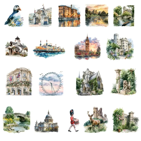 England Watercolor Clipart Bundle - 295+ transparent PNG, Corgi png, Stonehenge art, Big Ben, London Eye, Commercial use, Digital download