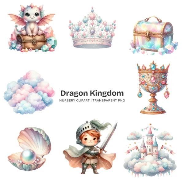 Dragon Kingdom Nursery PNG Clipart - 124 PNG, Knight Graphics, Baby Dragon, Fairy Tale Printables, Commercial use, Digital download
