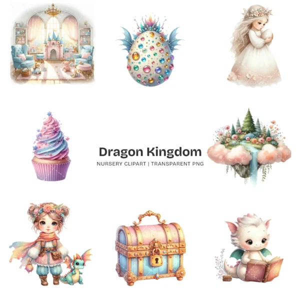 Dragon Kingdom Nursery PNG Clipart - 124 PNG, Knight Graphics, Baby Dragon, Fairy Tale Printables, Commercial use, Digital download