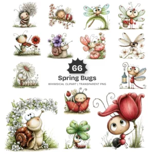 Spring Bugs Whimsical Clipart - 66 PNG, Insects Flowers Graphics, Garden Creatures Illustration, Commercial use, Digital download
