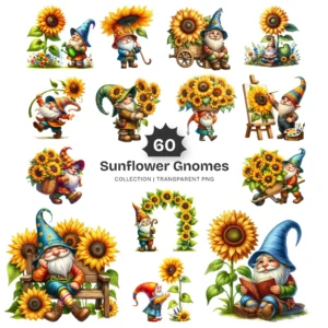 Sunflower Gnomes PNG Clipart Collection - 60 PNG, Floral Gnome Graphics, Gnome Party, Garden Printables, Commercial use, Digital download
