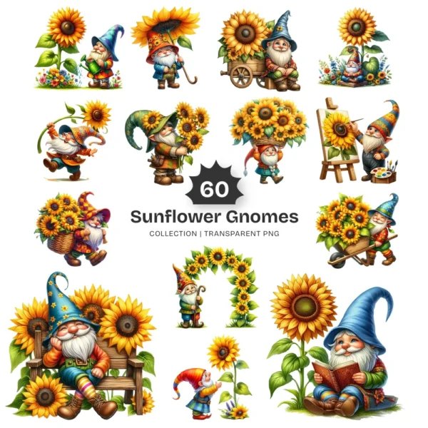 Sunflower Gnomes PNG Clipart Collection - 60 PNG, Floral Gnome Graphics, Gnome Party, Garden Printables, Commercial use, Digital download