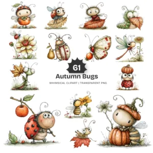 Autumn Bug Watercolor Clipart - 61 PNG, Woodland Insects Graphics, Fall Bug, Seasonal Insects Illustration, Commercial use, Digital download
