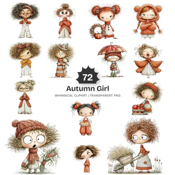 Quirky Autumn Girl Watercolor Clipart - 72 PNG, Fall Cozy Girl Graphics, Pumpkin Spice Coffee Illustration, Commercial use, Digital download