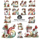 Fairy Number Watercolor Clipart - 61 PNG, Birthday Graphics, Fairy, Botanical, Floral Numbers Illustration, Commercial use, Digital download