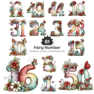 Fairy Number Watercolor Clipart - 61 PNG, Birthday Graphics, Fairy, Botanical, Floral Numbers Illustration, Commercial use, Digital download