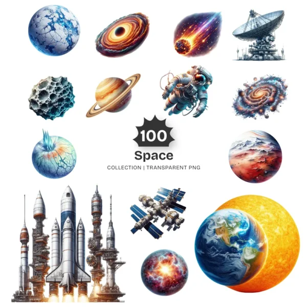 Space PNG Clipart Collection - 100 PNG, Cute Planets and Stars Graphics, Solar System Printables, Commercial use, Digital Download