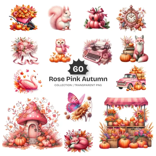 Rose Autumn PNG Clipart Collection - 60 PNG, Autumn Graphics, Pink Autumn, Coquette Fall Printables, Commercial use, Digital download