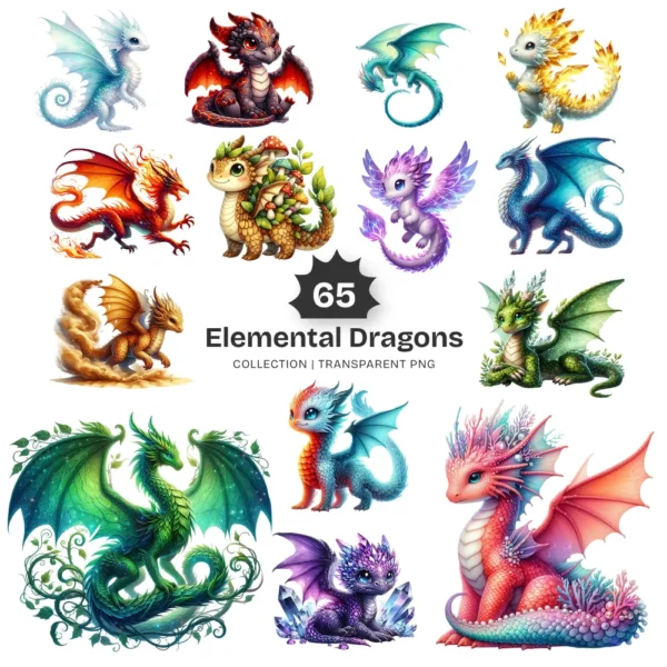 Elemental Dragons PNG Clipart Collection - 65 PNG, Fantasy Creature Graphics, Enchanted Printables, Commercial use, Digital download