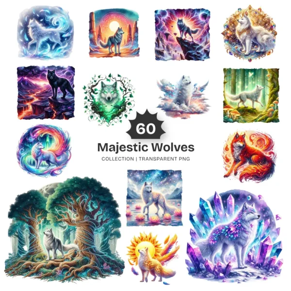 Majestic Wolves PNG Clipart Collection - 60 PNG, Wildlife Animal Graphics, Enchanted, Woodland Printables, Commercial use, Digital download