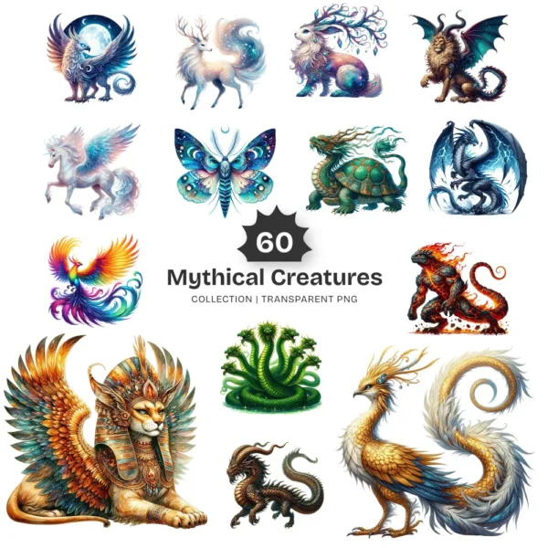 Mythical Creatures PNG Clipart Collection - 60 PNG, Enchanting creatures Graphics, Mythical Illustration, Commercial use, Digital download