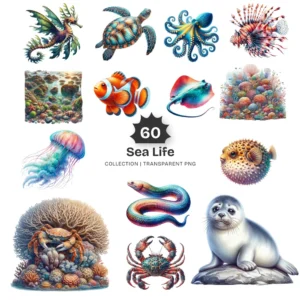 Sea Life PNG Clipart Collection - 60 PNG, Marine Animal Graphics, Underwater, Ocean Stuff Printables, Commercial use, Digital download