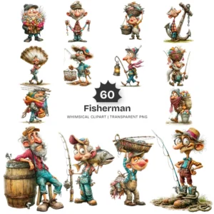 Fisherman Whimsical Clipart - 60 PNG, Grandpa Graphics, Rustic Lake Life Illustration, Humor Clipart, Commercial use, Digital download