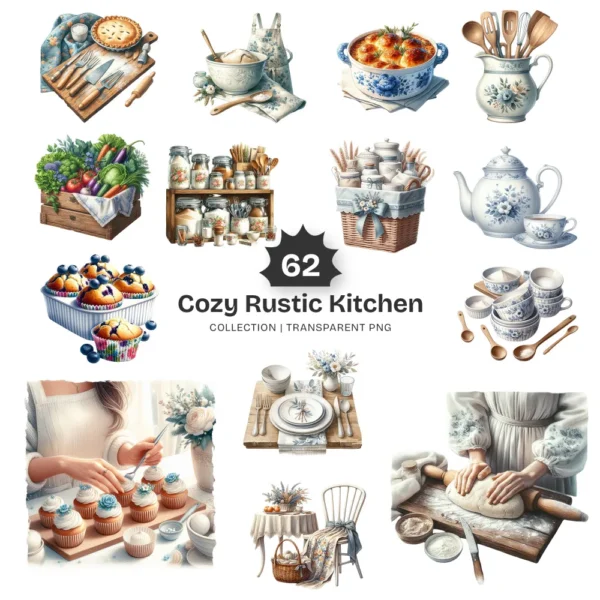 Cozy Rustic Kitchen PNG Clipart Collection - 62 PNG, Woman Baking Graphics, Dining, Groceries, Cooking Art, Commercial use, Digital download