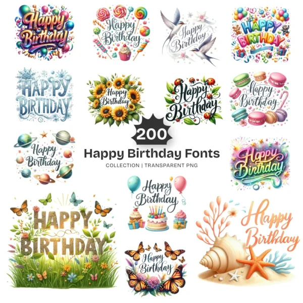 Happy Birthday Fonts PNG Clipart Collection - 200 PNG, Party Typography Graphics, Celebration Printables, Commercial use, Digital download
