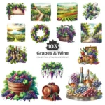 Grapes & Wine PNG Clipart Collection - 102 PNG, Fruit Graphics, Cocktail, Alcohol, Champagne Printables, Commercial use, Digital download