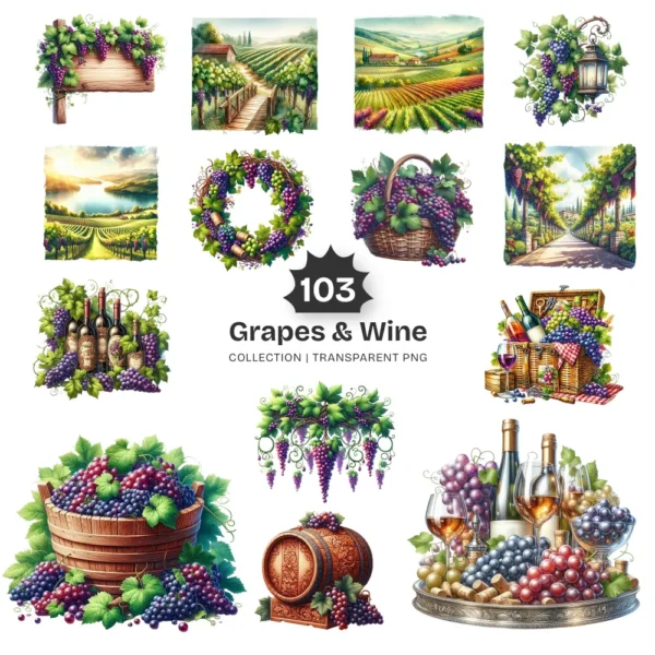 Grapes & Wine PNG Clipart Collection - 102 PNG, Fruit Graphics, Cocktail, Alcohol, Champagne Printables, Commercial use, Digital download
