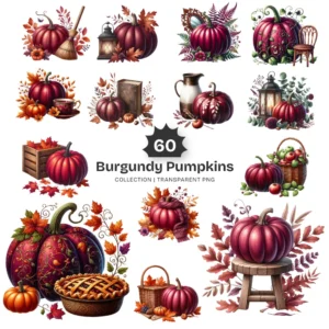 Burgundy Pumpkins PNG Clipart Collection - 60 PNG, Autumn Graphics, Burgundy Autumn, Fall Printables, Commercial use, Digital download