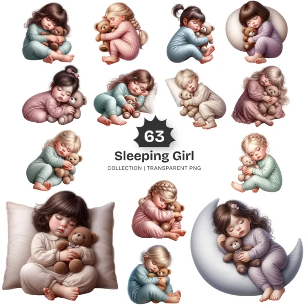 Sleeping Girl PNG Clipart Collection - 63 PNG, Sleeping Toddler Graphics, Baby Girl, Teddy Bear Printable, Commercial use, Digital download