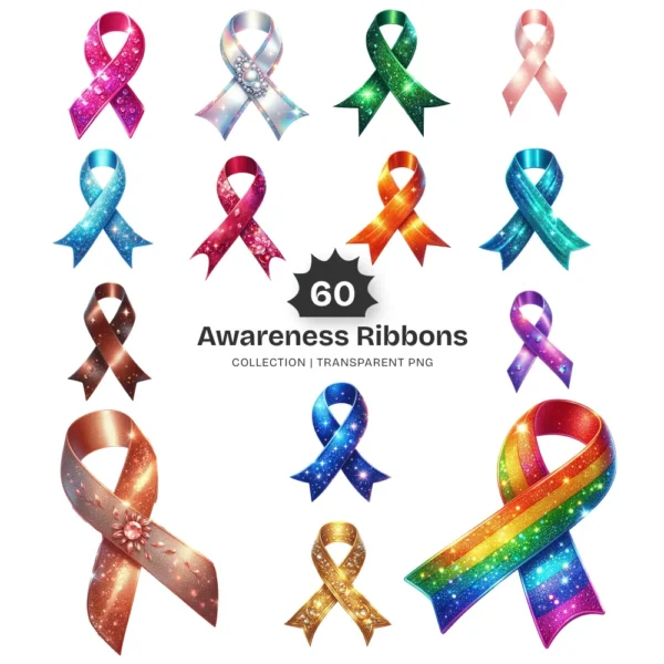 Awareness Ribbons PNG Clipart Collection - 60 PNG, Mental Health Graphics, Support Symbols Printable, Commercial use, Digital download