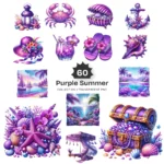 Purple Summer PNG Clipart Collection - 60 PNG, Floral & Tropical Graphics, Beach Day Printable, Commercial use, Digital download