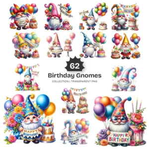 Birthday Gnomes PNG Clipart Collection - 62 PNG, Festive Graphics, Party Hat, Whimsical Printable, Commercial use, Digital download