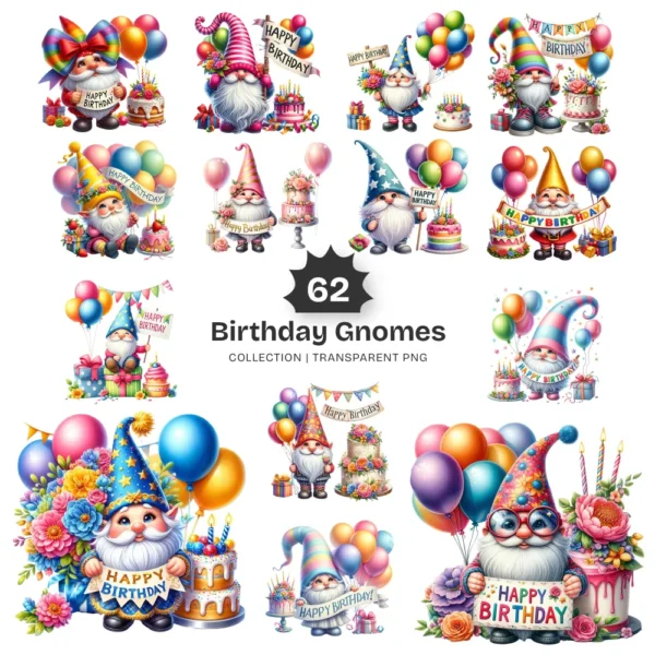 Birthday Gnomes PNG Clipart Collection - 62 PNG, Festive Graphics, Party Hat, Whimsical Printable, Commercial use, Digital download