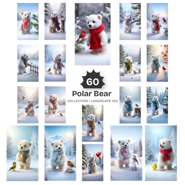 Polar Bear JPG Clipart Collection - 60 JPG, snowy animal Graphics, Christmas Bear, Arctic Winter Printable, Commercial use, Digital download