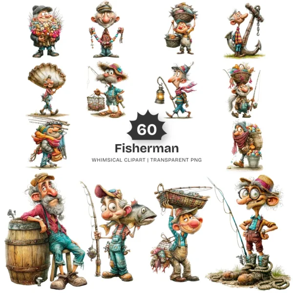 Fisherman Whimsical Clipart - 60 PNG, Grandpa Graphics, Rustic Lake Life Illustration, Humor Clipart, Commercial use, Digital download