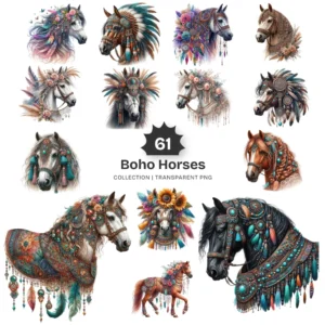 Boho Horses PNG Clipart Collection - 61 PNG, Bohemian Style Horse Graphics, Horses and Flowers Printable, Commercial use, Digital download