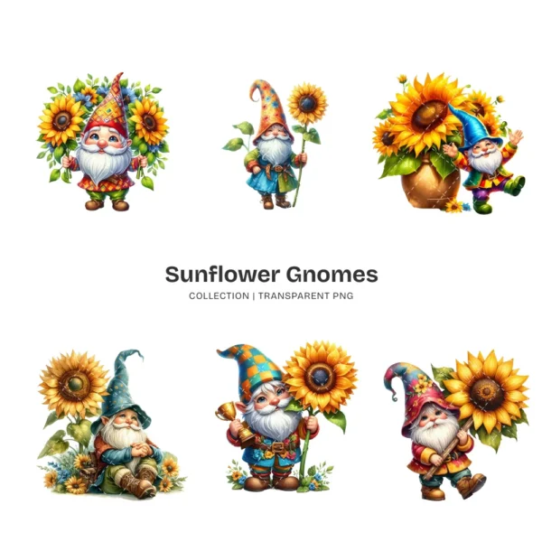 Sunflower Gnomes PNG Clipart Collection - 60 PNG, Floral Gnome Graphics, Gnome Party, Garden Printables, Commercial use, Digital download