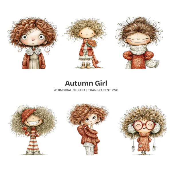 Quirky Autumn Girl Watercolor Clipart - 72 PNG, Fall Cozy Girl Graphics, Pumpkin Spice Coffee Illustration, Commercial use, Digital download