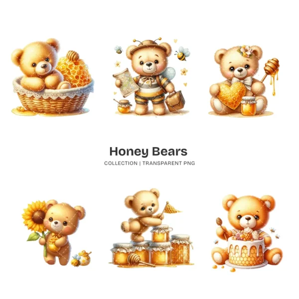 Honey Bears PNG Clipart Collection - 60 PNG, Cute Bumblebee Graphics, Teddy Bear, Bee Printables, Commercial use, Digital download