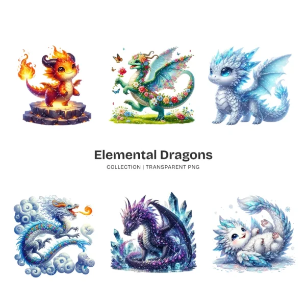 Elemental Dragons PNG Clipart Collection - 65 PNG, Fantasy Creature Graphics, Enchanted Printables, Commercial use, Digital download