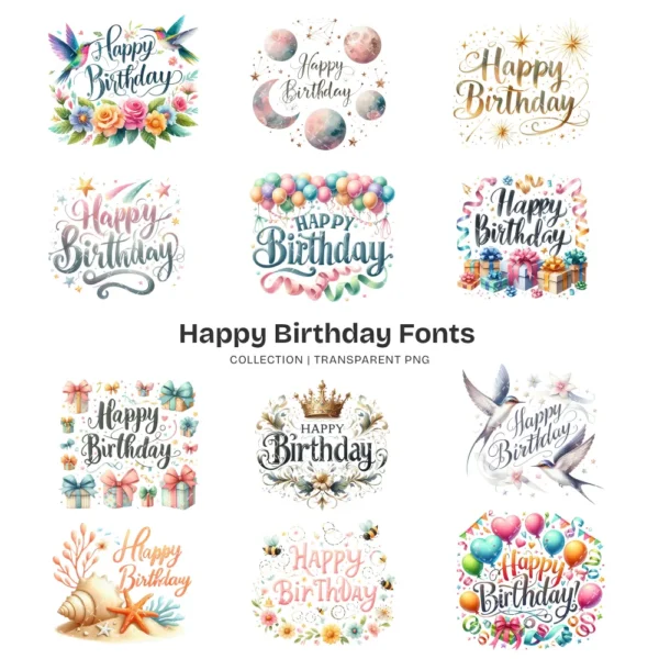 Happy Birthday Fonts PNG Clipart Collection - 200 PNG, Party Typography Graphics, Celebration Printables, Commercial use, Digital download