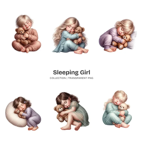 Sleeping Girl PNG Clipart Collection - 63 PNG, Sleeping Toddler Graphics, Baby Girl, Teddy Bear Printable, Commercial use, Digital download