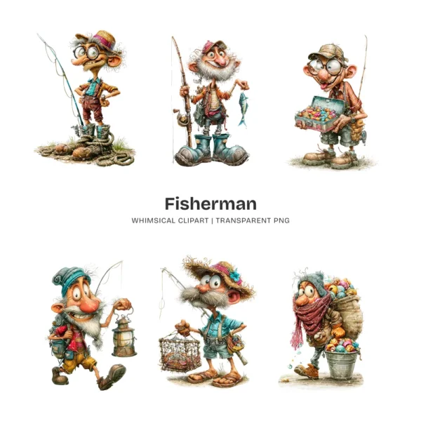 Fisherman Whimsical Clipart - 60 PNG, Grandpa Graphics, Rustic Lake Life Illustration, Humor Clipart, Commercial use, Digital download