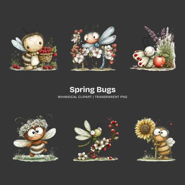 Spring Bugs Whimsical Clipart - 66 PNG, Insects Flowers Graphics, Garden Creatures Illustration, Commercial use, Digital download