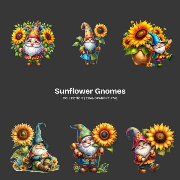Sunflower Gnomes PNG Clipart Collection - 60 PNG, Floral Gnome Graphics, Gnome Party, Garden Printables, Commercial use, Digital download