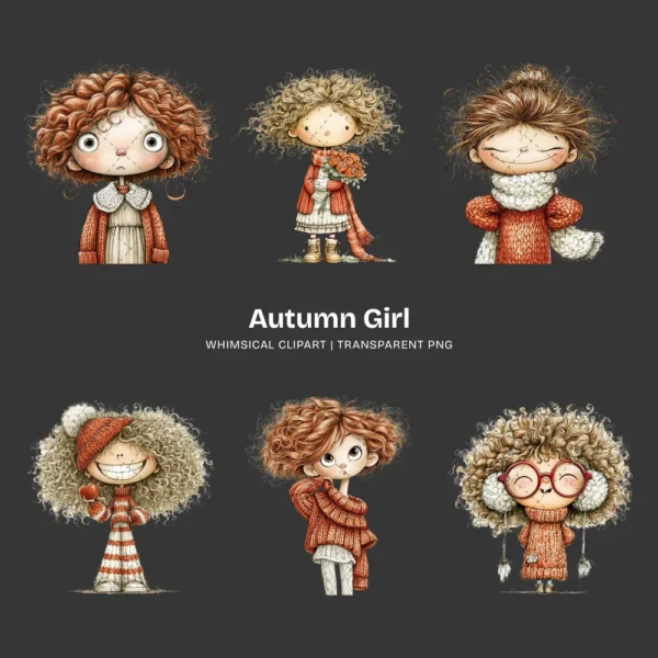 Quirky Autumn Girl Watercolor Clipart - 72 PNG, Fall Cozy Girl Graphics, Pumpkin Spice Coffee Illustration, Commercial use, Digital download