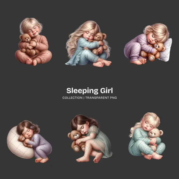 Sleeping Girl PNG Clipart Collection - 63 PNG, Sleeping Toddler Graphics, Baby Girl, Teddy Bear Printable, Commercial use, Digital download