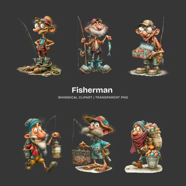 Fisherman Whimsical Clipart - 60 PNG, Grandpa Graphics, Rustic Lake Life Illustration, Humor Clipart, Commercial use, Digital download