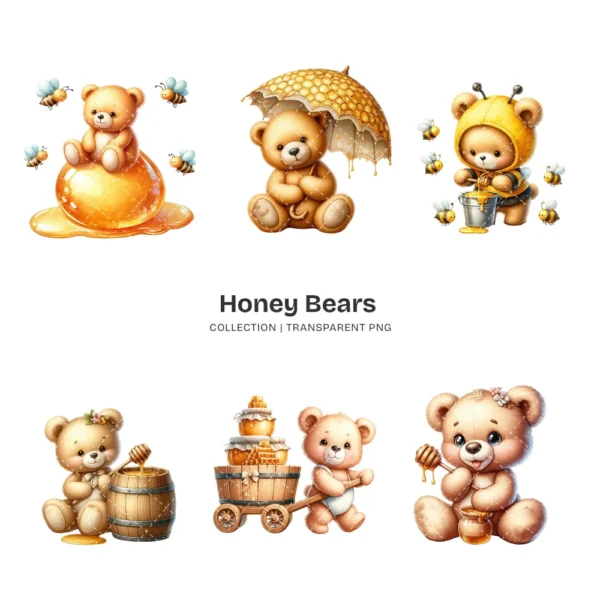 Honey Bears PNG Clipart Collection - 60 PNG, Cute Bumblebee Graphics, Teddy Bear, Bee Printables, Commercial use, Digital download