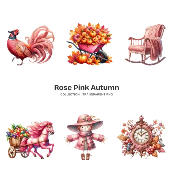 Rose Autumn PNG Clipart Collection - 60 PNG, Autumn Graphics, Pink Autumn, Coquette Fall Printables, Commercial use, Digital download
