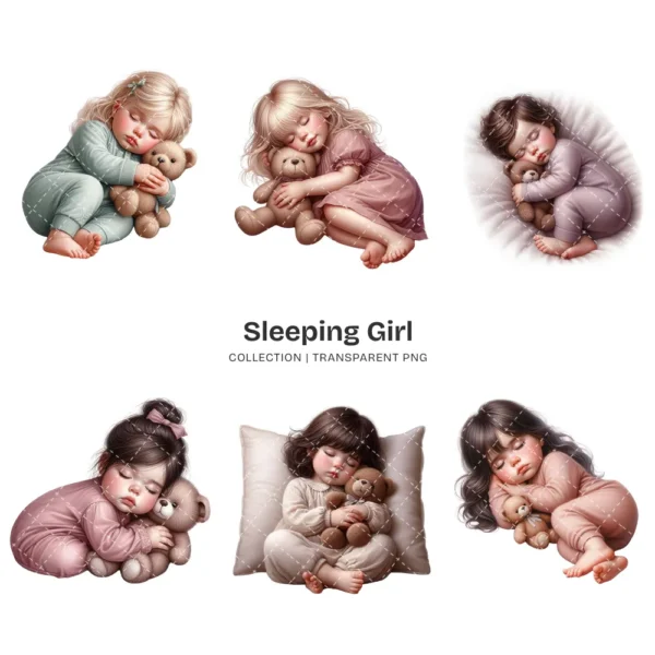 Sleeping Girl PNG Clipart Collection - 63 PNG, Sleeping Toddler Graphics, Baby Girl, Teddy Bear Printable, Commercial use, Digital download