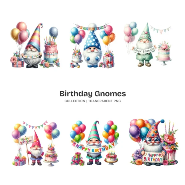 Birthday Gnomes PNG Clipart Collection - 62 PNG, Festive Graphics, Party Hat, Whimsical Printable, Commercial use, Digital download